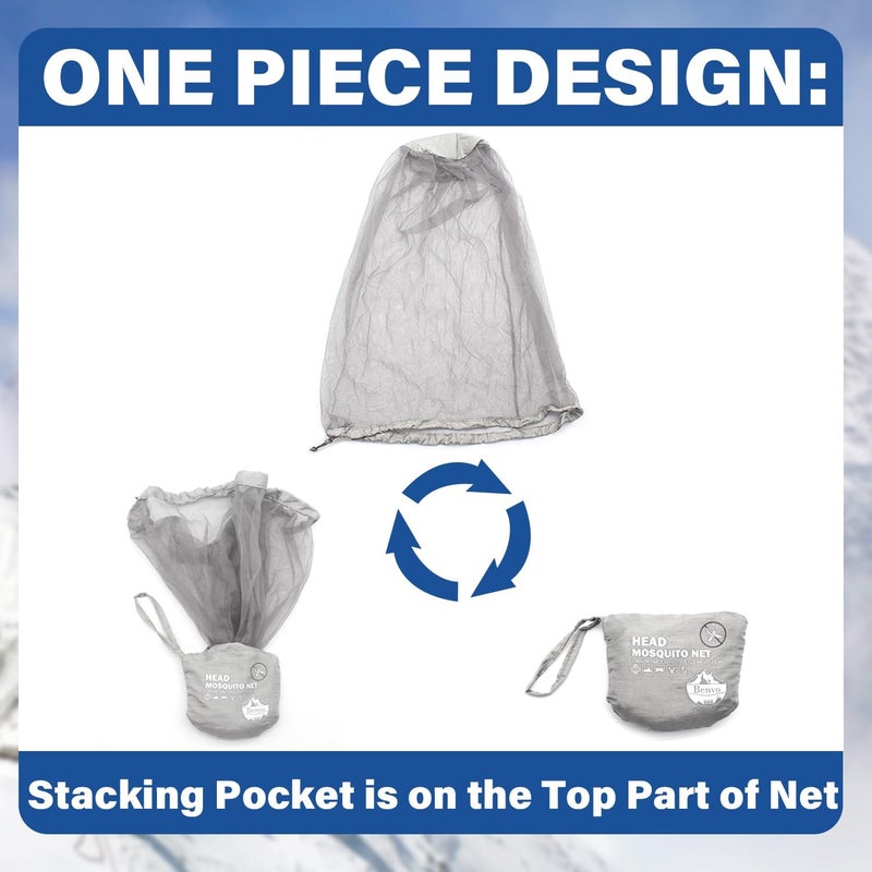 Benvo Mosquito Head Net Mesh One Piece Face Neck Fly Netting Cover from Bugs Gnats Noseeums Hat-Compatible Insect Shield for Fishing, Camping, Gardening (2pcs, Grey, Upgraded Big Net) - Image 4